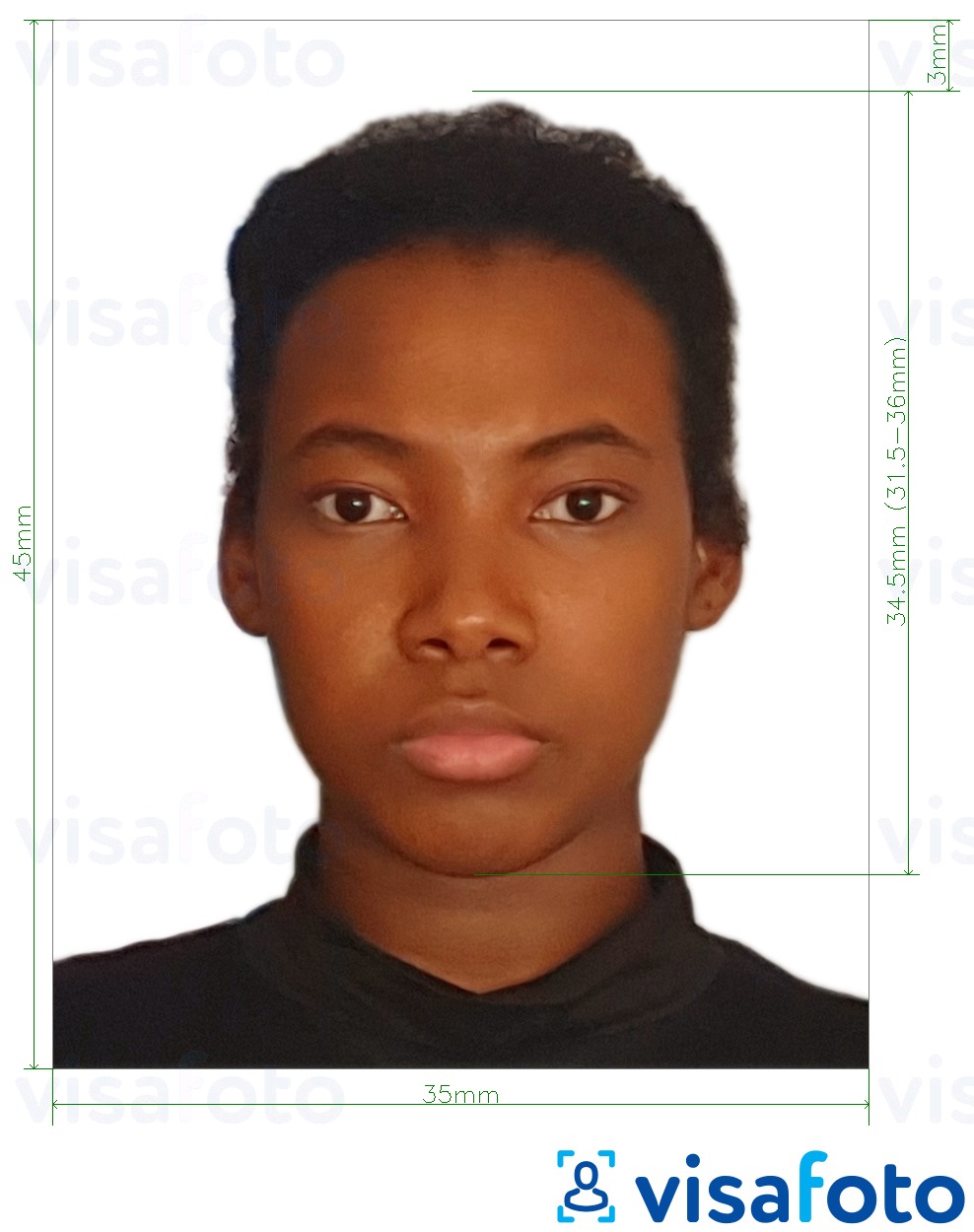 정확한 사이즈 크기의 세이셸 여권 35x45 mm (최대 45x50 mm) 사진의 예