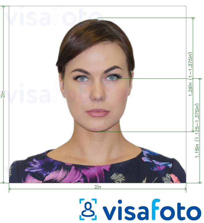 정확한 사이즈 크기의 미국 여권 카드 2x2인치 사진의 예