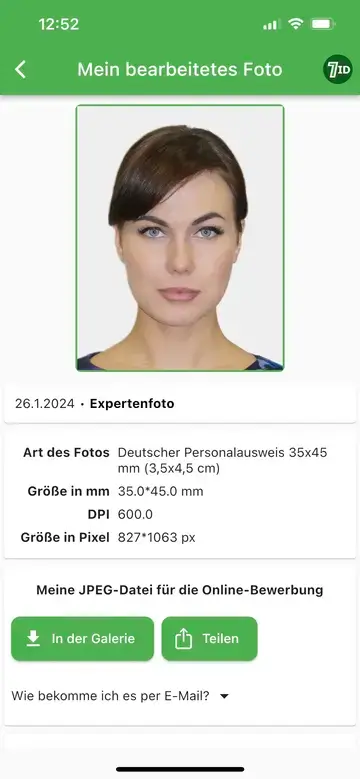 Aplikace 7ID: Příklad fotografie německého pasu