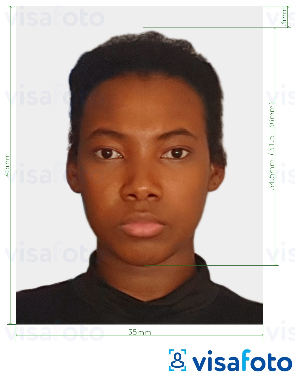 정확한 사이즈 크기의 콩고 (브라자빌) 여권 35x45 mm (3.5x4.5 cm) 사진의 예