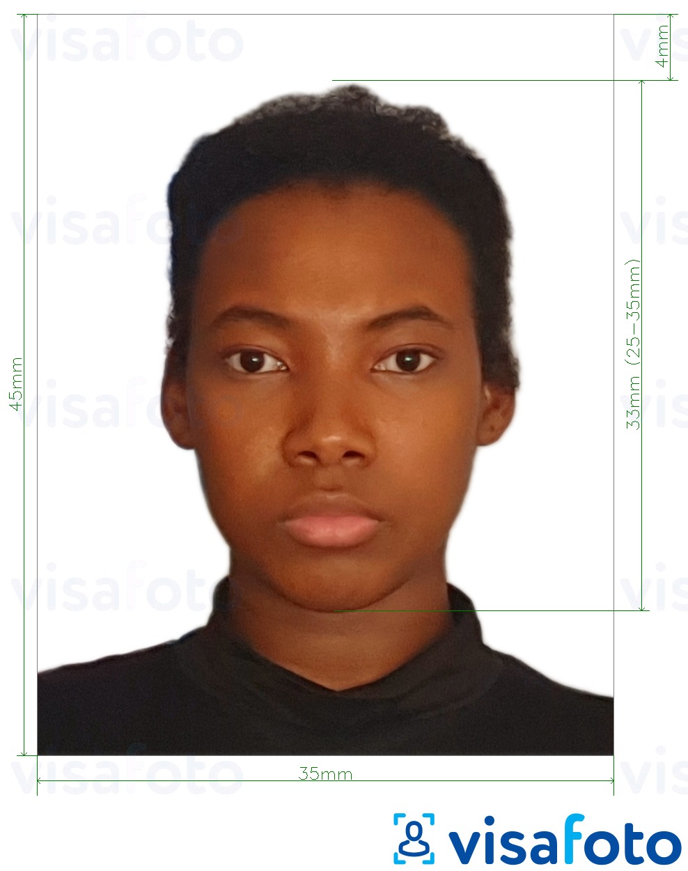 정확한 사이즈 크기의 자메이카 여권 35x45 mm (3.5x4.5 cm) 사진의 예