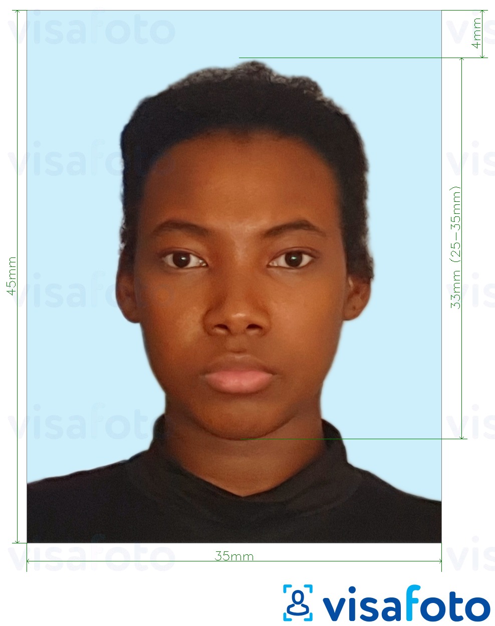 정확한 사이즈 크기의 자메이카 여권 35x45 mm 옅은 파란색 배경 사진의 예