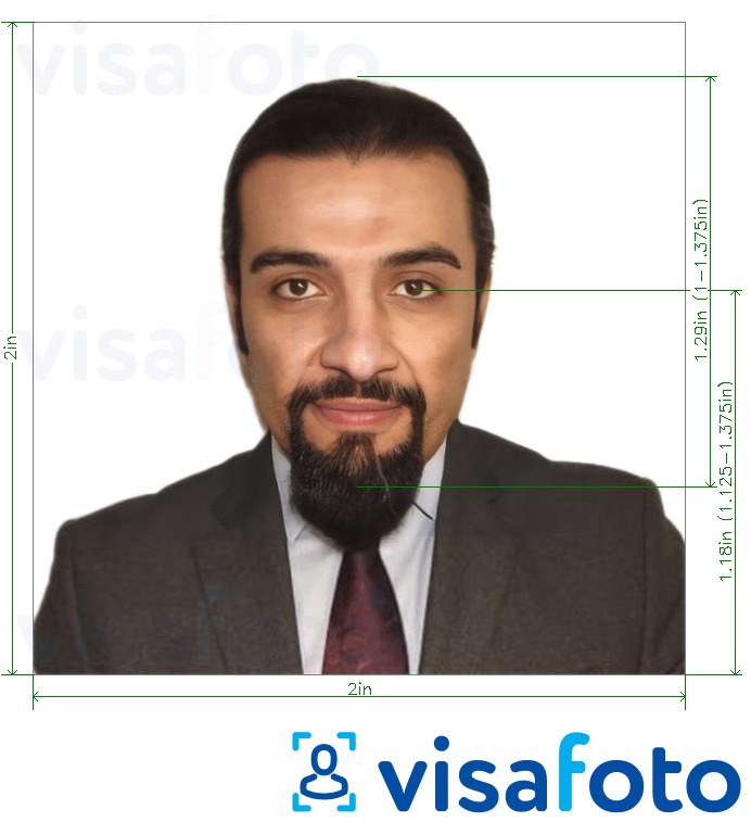 정확한 사이즈 크기의 시리아 여권 2x2 인치 (5x5cm, 51x51mm) 사진의 예